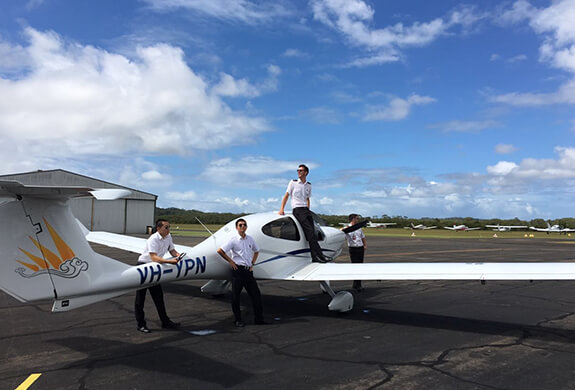 Students and plane